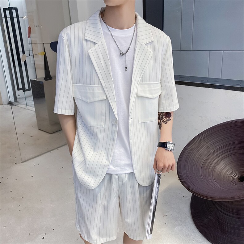 社会风纯色条纹宽松西装休闲两件套装B297-7712-P105控148,男装休闲套装,电商B297