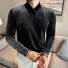 秋冬个性V领设计感亮面丝绒打底T恤衫男厚款绒面帅气潮T7926-P43，男装T恤，电商A213
