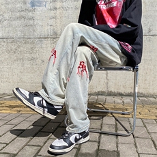 美式复古水洗牛仔裤男秋季港风ins潮牌刺绣宽松直筒裤K5410-P37，男装牛仔裤，星座512-2