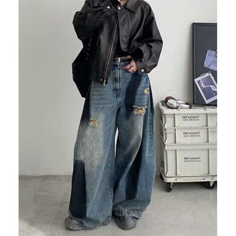 简约春秋季复古做旧宽松破洞直筒裤新款阔腿裤自然腰长裤NT8867,男装牛仔裤,星座1116A（原606A-3）
