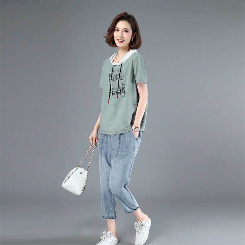 夏装新款宽松短袖印花连帽休闲时尚套装女 时髦 洋气韩版图片