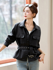 皮衣外套女2025年新款春秋高级感小个子收腰修身显瘦短款翻领夹克，女装皮衣，布芭啦