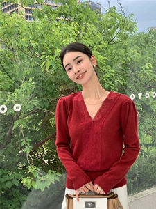 2025年秋季针织V领常规款套头单件长袖落肩袖针织衫时尚百搭蕾丝图片