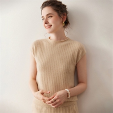 休闲舒适~山羊绒衫女圆领无袖打底衫纯色卷边宽松显瘦亲肤针织衫，女装T恤，溪贝羊绒