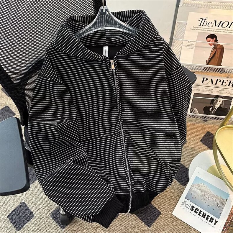 2025连帽拉链卫衣休闲宽松秋冬条纹百搭加厚外套男女款1551P63，女装短外套，星座410-2