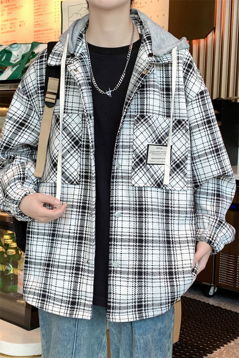 秋季新款男士格子夹克韩版简约外套连帽衬衫上衣服A436-6619-P85,男装夹克,电商A436