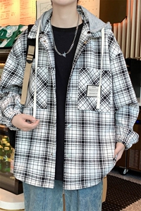 秋季新款男士格子夹克韩版简约外套连帽衬衫上衣服 A436-6619-P85图片