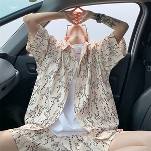 2025美式扎染印花冰丝凉感短袖衬衫薄套装 TZ5611/特P45 杏色图片