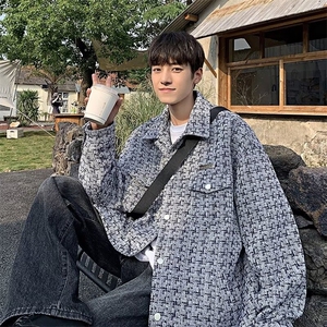 法式小香风外套男装高级感轻奢粗花呢千鸟格工装夹克潮牌痞帅上衣图片