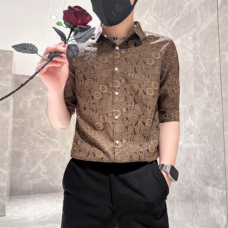 店主风社会小伙男士七分袖衬衫男痞帅修身衬衣301A-1/CS420/P55,男装衬衫,星座301A-1