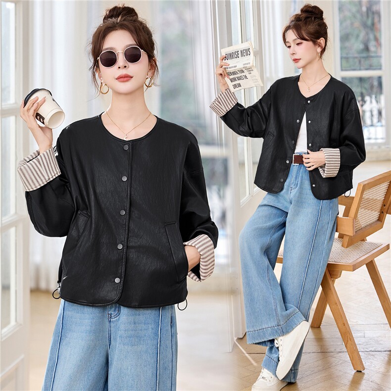 大量现货-2026年春季新款休闲宽松撞色时尚百搭高级感皮衣外套，女装短外套，盈茜