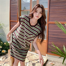 休闲条纹T恤连衣裙套装女夏蕾丝花边半身裙两件套清纯系韩系绝美，女装套装/套裙，浪娴服饰