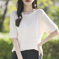 2025新款针织短袖T恤女夏季妈妈装洋气大码圆领宽松遮肚针织上衣，女装T恤，萱芳婷羊绒