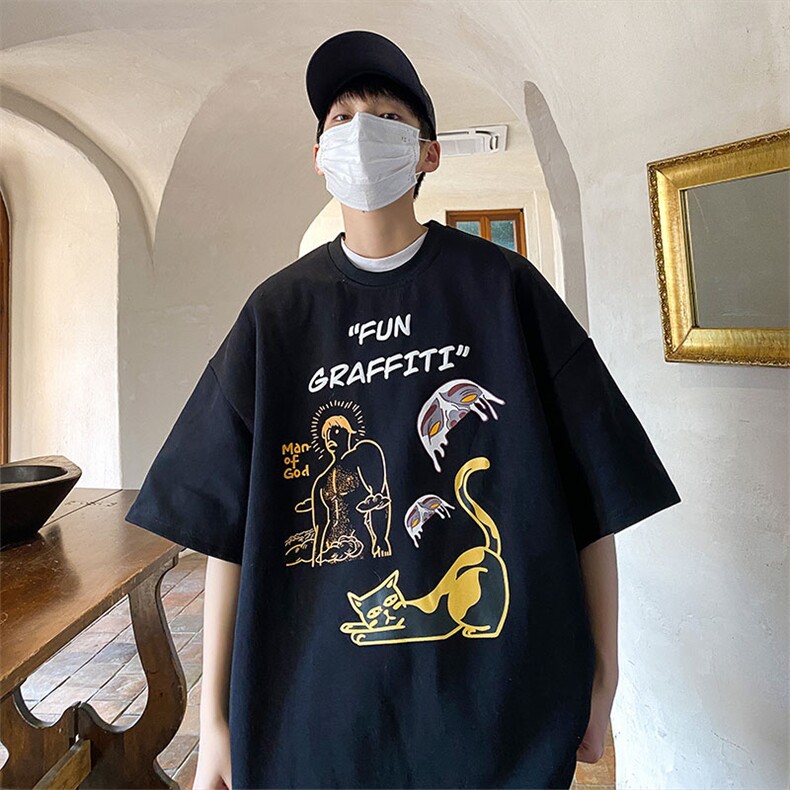 猫咪五分袖T恤男夏季薄款潮牌短袖冰丝体恤衫-JK23208-P35控48,男装T恤,星座605(原A050)