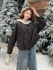 韩版针织连帽假两件短款羽绒服女2025冬装保暖皮衣夹克外套上衣潮，女装皮衣，艾米莉亚
