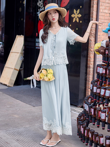 法式气质蕾丝拼接套装女2025夏季新款高级感时髦洋气阔腿裤两件套图片