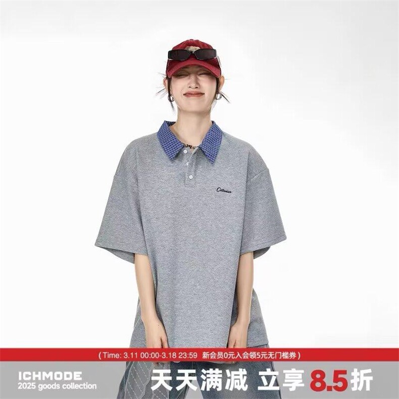 Q131/P42美式短袖Polo衫男女夏季宽松休闲学院风格子翻领T恤1,男装T恤,星座1506
