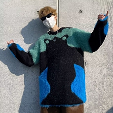 冬装小众拼色时尚保暖仿貂绒毛衣男慵懒风休闲时髦毛绒软糯针织衫，男装针织衫/毛衣，星座601-1