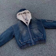 网连帽牛仔棉服男女水洗重磅座山雕毛领复B115-P170，男装棉衣，星座910-1