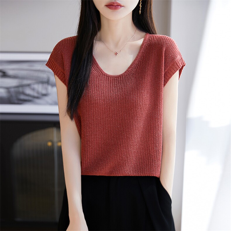 针织短袖女2025夏季时尚薄款上衣高级感超好看半袖天丝亚麻T恤衫,女装背心吊带,朝思羊绒