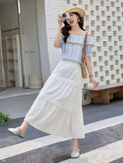 现货重工艺纯色荷叶边一字肩女夏季休闲宽松两件套美静678P135，女装套装/套裙，美静678