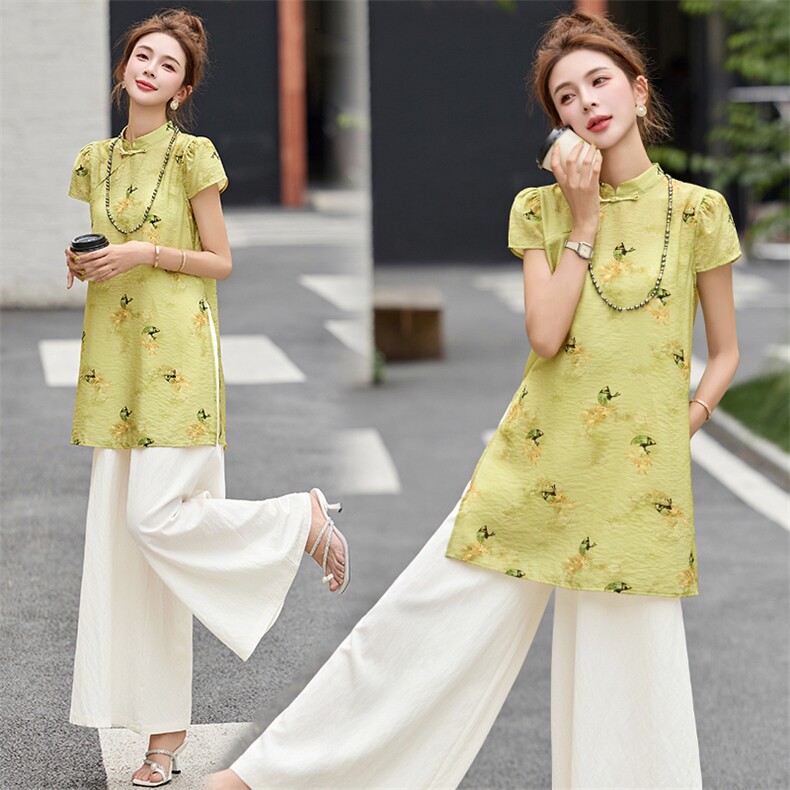 新中式设计旗袍上衣套装女2025夏季新款清冷感国风改良唐装两件套,女装套装/套裙,仟媚宠