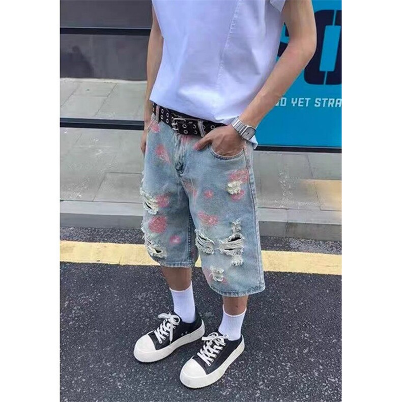 夏季玫瑰花破洞牛仔短裤男宽松五分裤街头痞帅风ND89,男装牛仔裤,星座1116A（原606A-3）