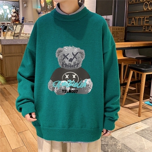 1港风圆领中性情侣潮流大码M-5XL印花加厚毛衣男7687P48加绒P55
