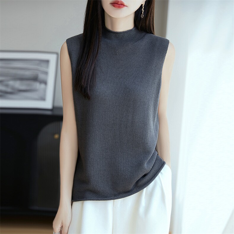 天丝亚麻半高领针织背心女宽松显瘦薄款无袖打底衫简约通勤上衣潮,针织衫/毛衣,朝思羊绒