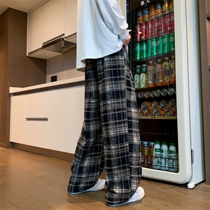 M~8XL毛呢格子裤特大码阔腿裤直筒裤子美式复古休闲裤KZ1902/P55图片