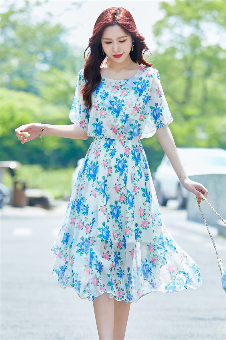 百搭优雅潮流中长款2021年夏季连衣裙印花时尚气质,女装连衣裙,贵人树