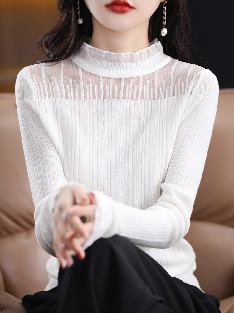 正品简织禾100纯羊绒衫女新款蕾丝拼接时尚长袖羊毛针织打底衫薄,针织衫/毛衣,暖烁羊绒