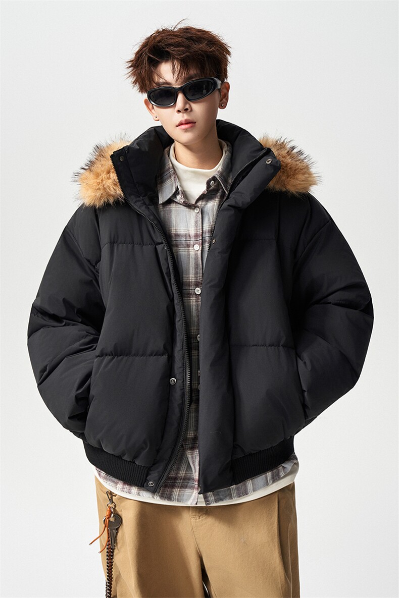 有长图冬季简约百搭PU皮毛领连帽棉衣男宽松棉袄外套MF00889/P120,男装棉衣,电商B316