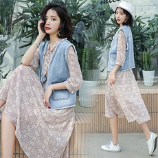 2021年夏季时尚潮流舒适牛仔外套印花长款两件套套裙，女装套装/套裙，瑶迪依秀