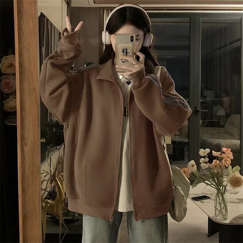 撞色三条杠拉链开衫外套女春秋款运动休闲宽松夹克C829-P88,男装夹克,星座911-2(原星座613-2）