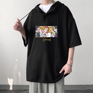 LD54396-P45NASA 连帽短袖t恤男大码胖子带帽五分袖中袖图片