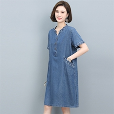 短袖牛仔连衣裙女夏季薄款2024年新款气质遮肚子中年妈妈大码裙子，女装连衣裙，悦见她