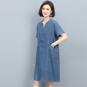 短袖牛仔连衣裙女夏季薄款2024年新款气质遮肚子中年妈妈大码裙子图片