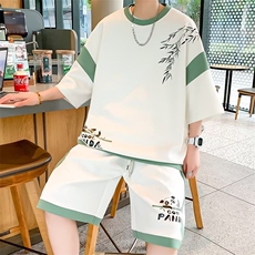 新中式风五分短袖T恤男士套装夏季潮牌潮流帅气穿搭一整套衣服，男装T恤，星座1210-1