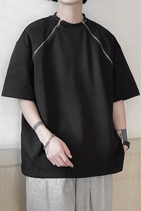 港风美式双拉链设计T恤男休闲大码情侣短袖T恤男DT77098P40控58图片