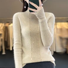 半高领女士秋季新款简约百搭羊毛衫一线成衣竖条烫钻，女装羊毛衫，暖娇绒