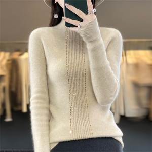半高领女士秋季新款简约百搭羊毛衫一线成衣竖条烫钻图片