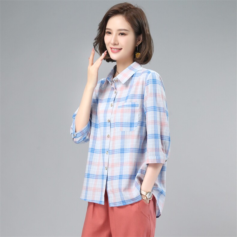 纯棉格子衬衣女款2025新款爆款春秋中老年女士衬衫长袖上衣,女装衬衫,奕阳依阁