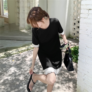 赫本风拼接圆领黑色连衣裙女2025夏季新款高级感气质小众显瘦裙子图片
