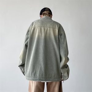 复古做旧牛仔外套男潮牌高街宽松立领机车服美式开衫拉链夹克上衣图片