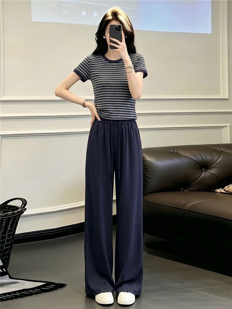 简约时尚休闲套装女夏季新款圆领条纹拼接短袖上衣直筒长裤两件套,女装套装/套裙,江南