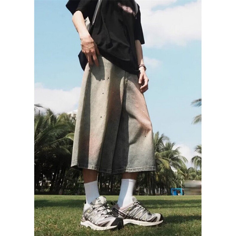 夏季新款牛仔七分裤2025美式做旧泼墨水洗宽松直筒阔腿裤NH009,男装牛仔裤,星座1116A（原606A-3）