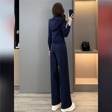 高端时尚套装女秋季新款修身显瘦双头拉链开衫卫衣阔腿长裤两件套，女装套装/套裙，江南