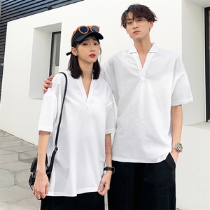 夏季现货主推大码港风情侣泡泡格翻领短袖T恤男T607P33图片