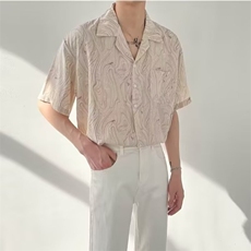 夏季韩版宽松古巴领短袖衬衫男士高级感潮流INS痞帅免烫花衬衣，男装T恤，星座1210-1